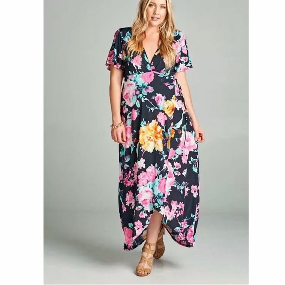 Emerald Floral Flutter Stretch Wrap Maxi Dress - Picture 1 of 3